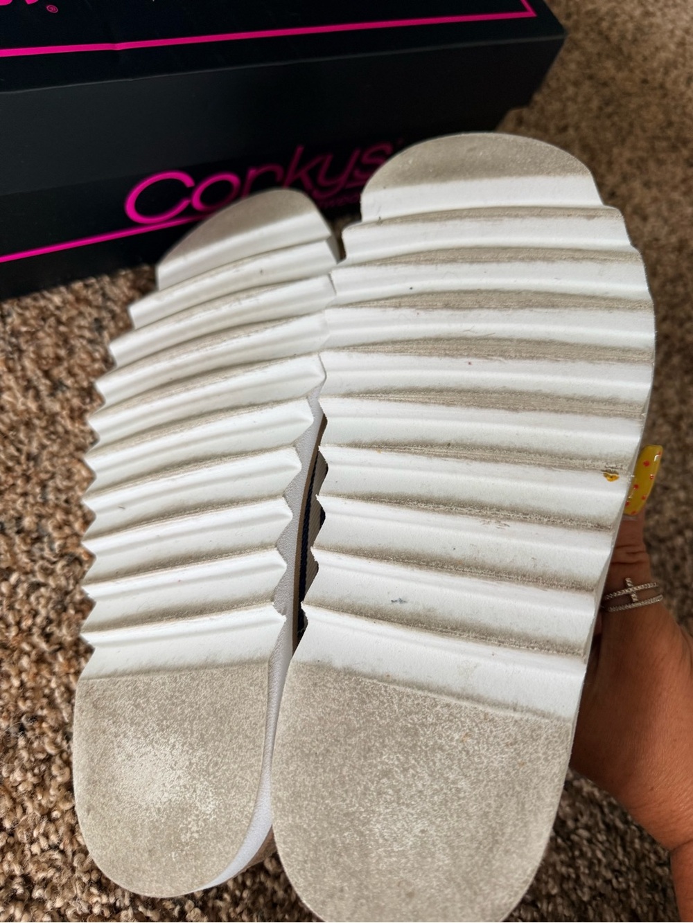 Corkys Navy and White Striped Double Buckle Slide Sandals - Picture 3 of 6